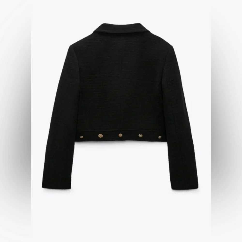 ZARA NEW Women’s CROPPED BUTTONED Textured Tweed BLAZER JACKET BLACK Size Small - Picture 7 of 16